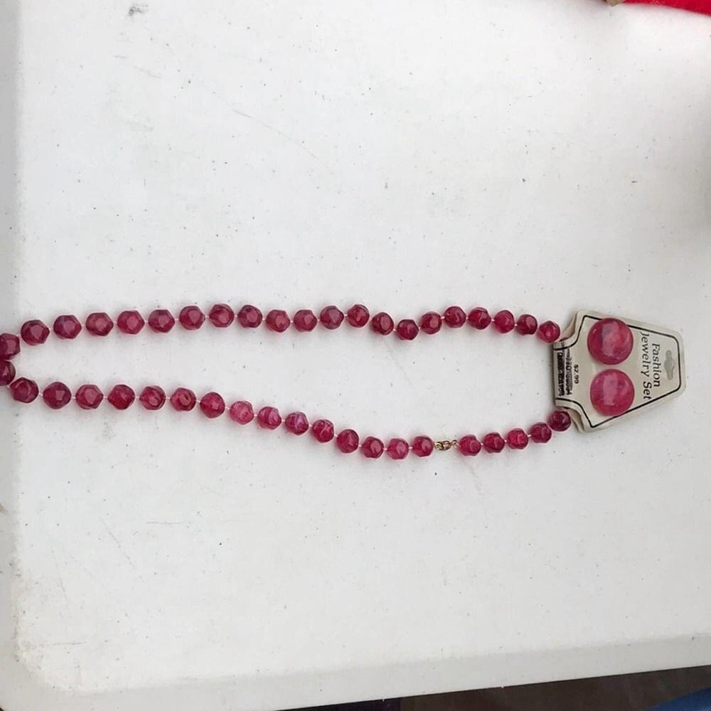 Pink Beaded Fashion Necklace With Matching Round Push Back Post Earring